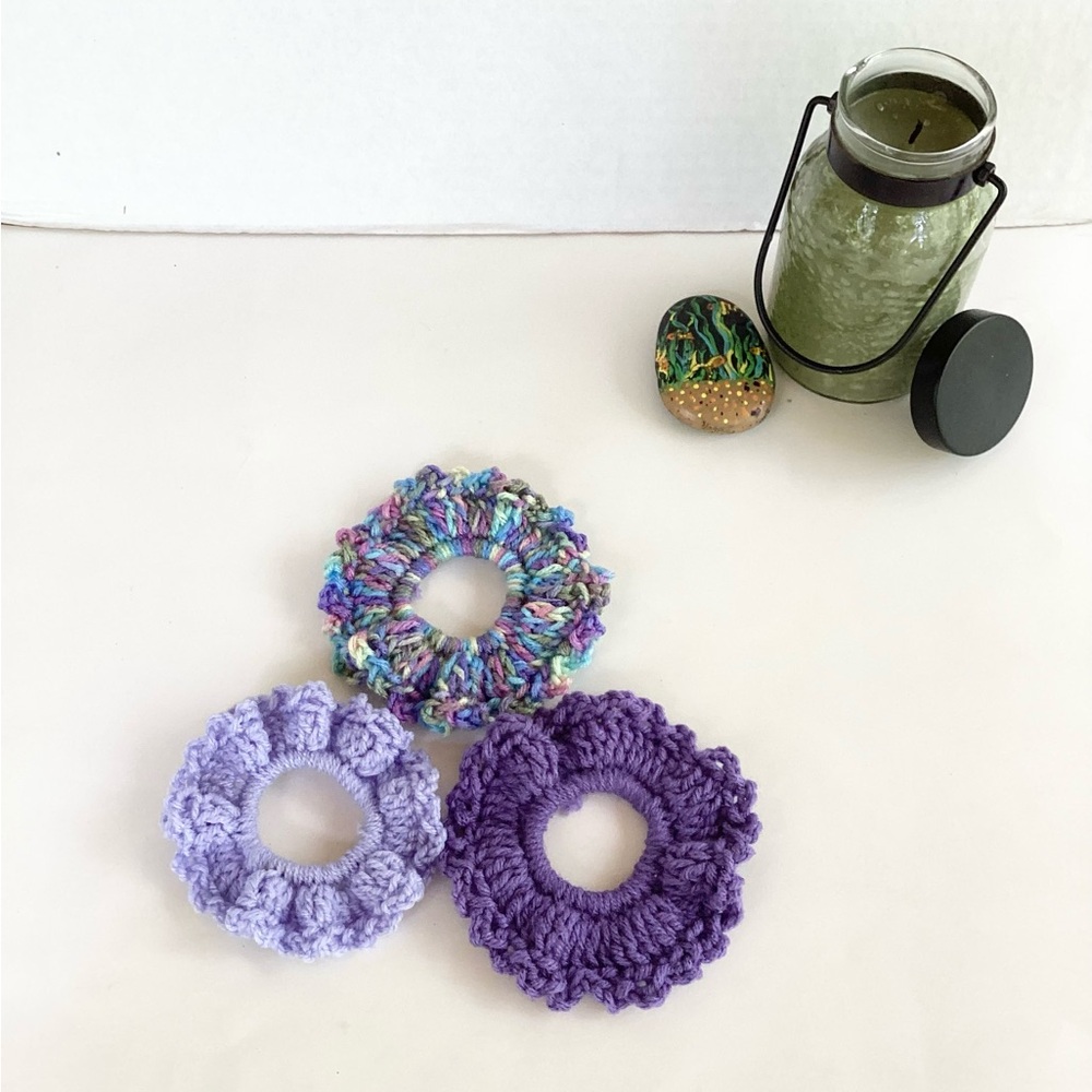 Hair Scrunchies Hand Crafted Purple Crochet Ponytail Messy Bun Acrylic